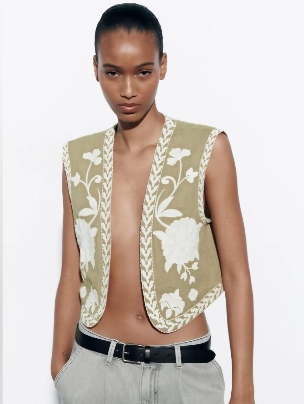 Zara Embroidered Boho Floral Cotton Beige Vest Open Front Cropped, Size XS